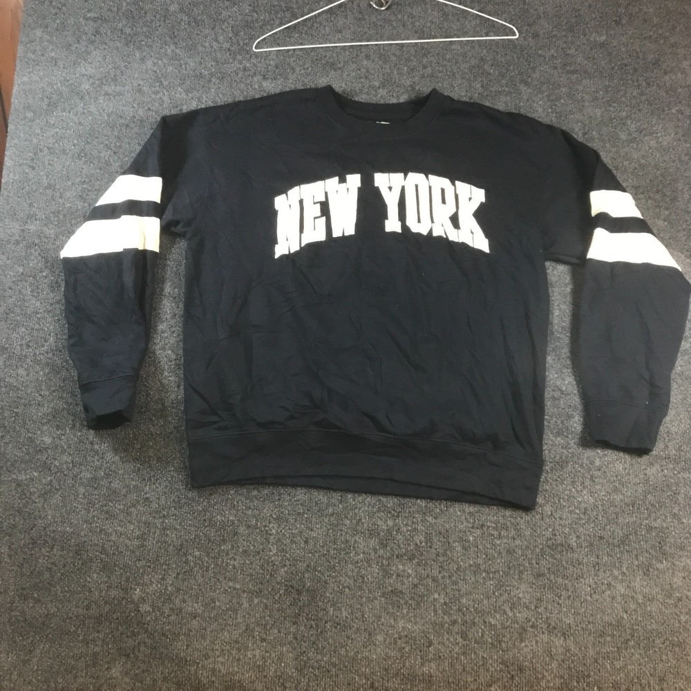 New York Popular Sweatshirt Men Large Black Logo Fleece Lined Crew Neck Pullover